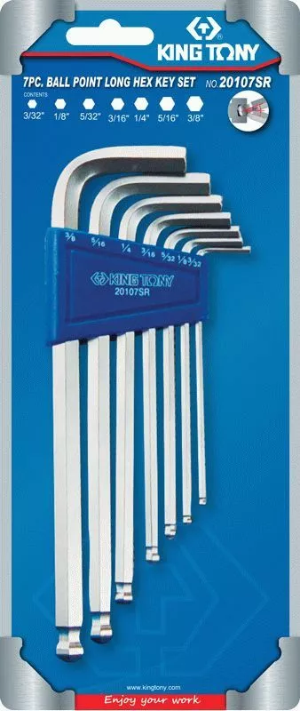 Набор Г-образных шестигранников 3/32"-3/8", дюймовые, с шаровым окончанием, 7 предметов KING TONY 20107SR