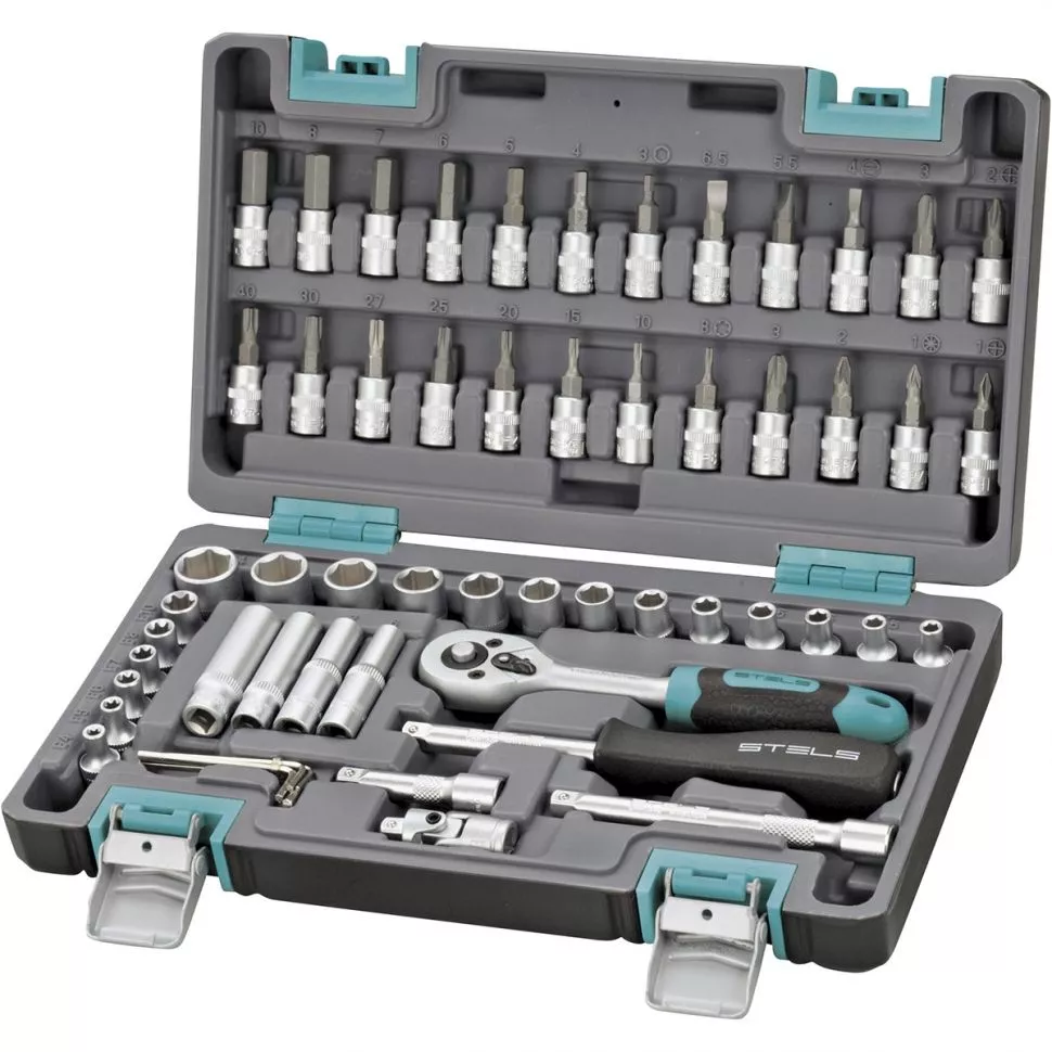 Набор инструментов, 1/4", CrV, пластиковый кейс 57 предметов Stels