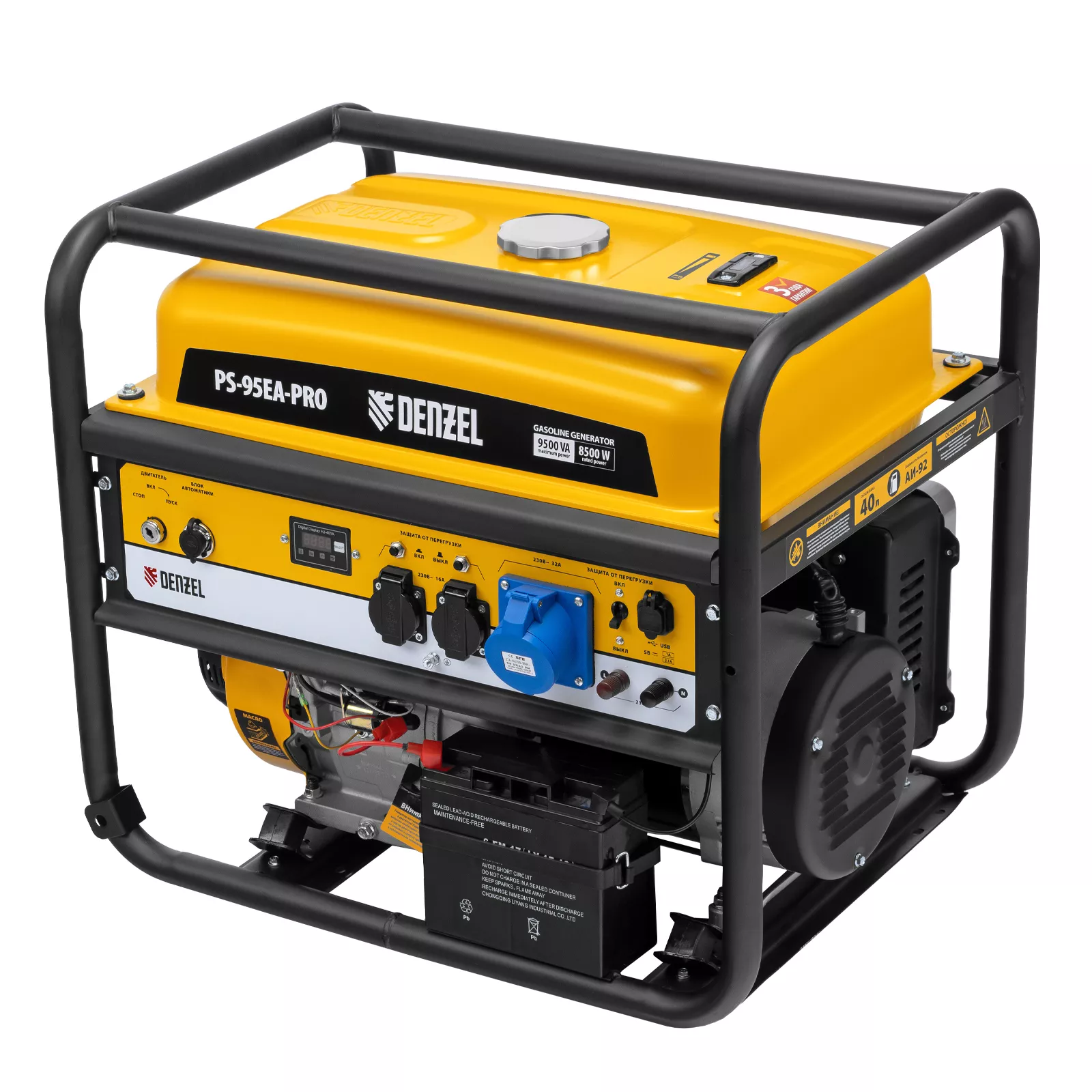 Генератор бензиновый PS-95EA-PRO, 9,5 кВт, 230 В, 40 л, разъем ATS, эл.старт Denzel