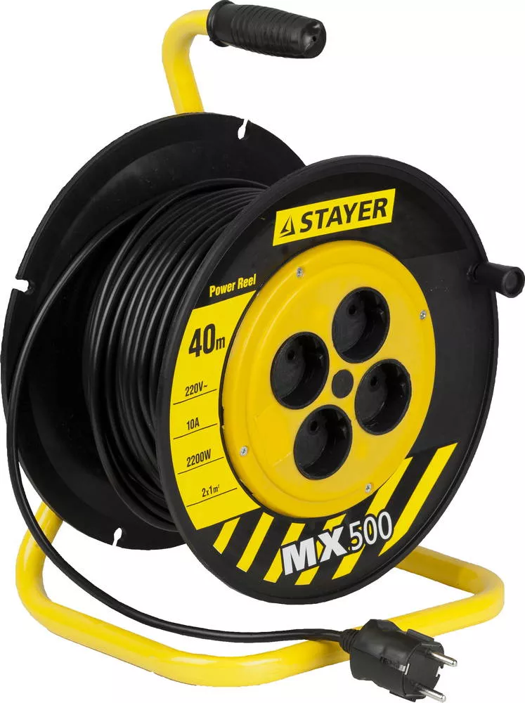 Удлинитель на катушке MX500, 40 м, 4 гнезда, ПВС 2x1 кв мм, 2200 Вт, STAYER