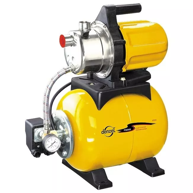Насосная станция PS800X, 800 Вт, 3200 л/ч, ресивер 24 л, подъем 38 м, нержавейка Denzel