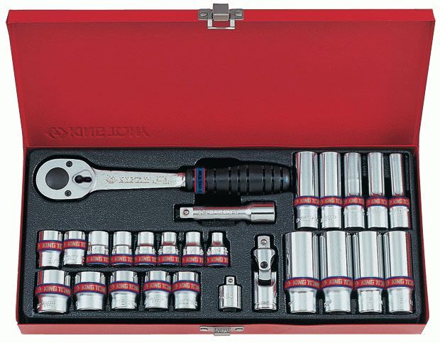 Набор торцевых головок с принадлежностями 3/8", двенадцатигранные, 1/4"-13/16", 26 предметов KING TONY 3027SR