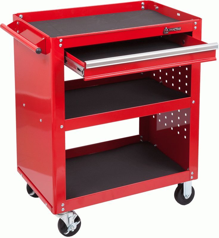 Тележка открытая, 3 полки и ящик, красная МАСТАК 520-01580