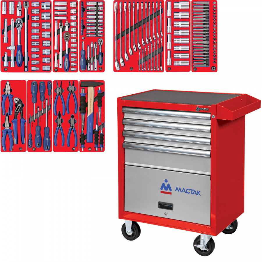 Набор инструментов "СТАНДАРТ" в красной тележке, 186 предметов МАСТАК 52-04186R