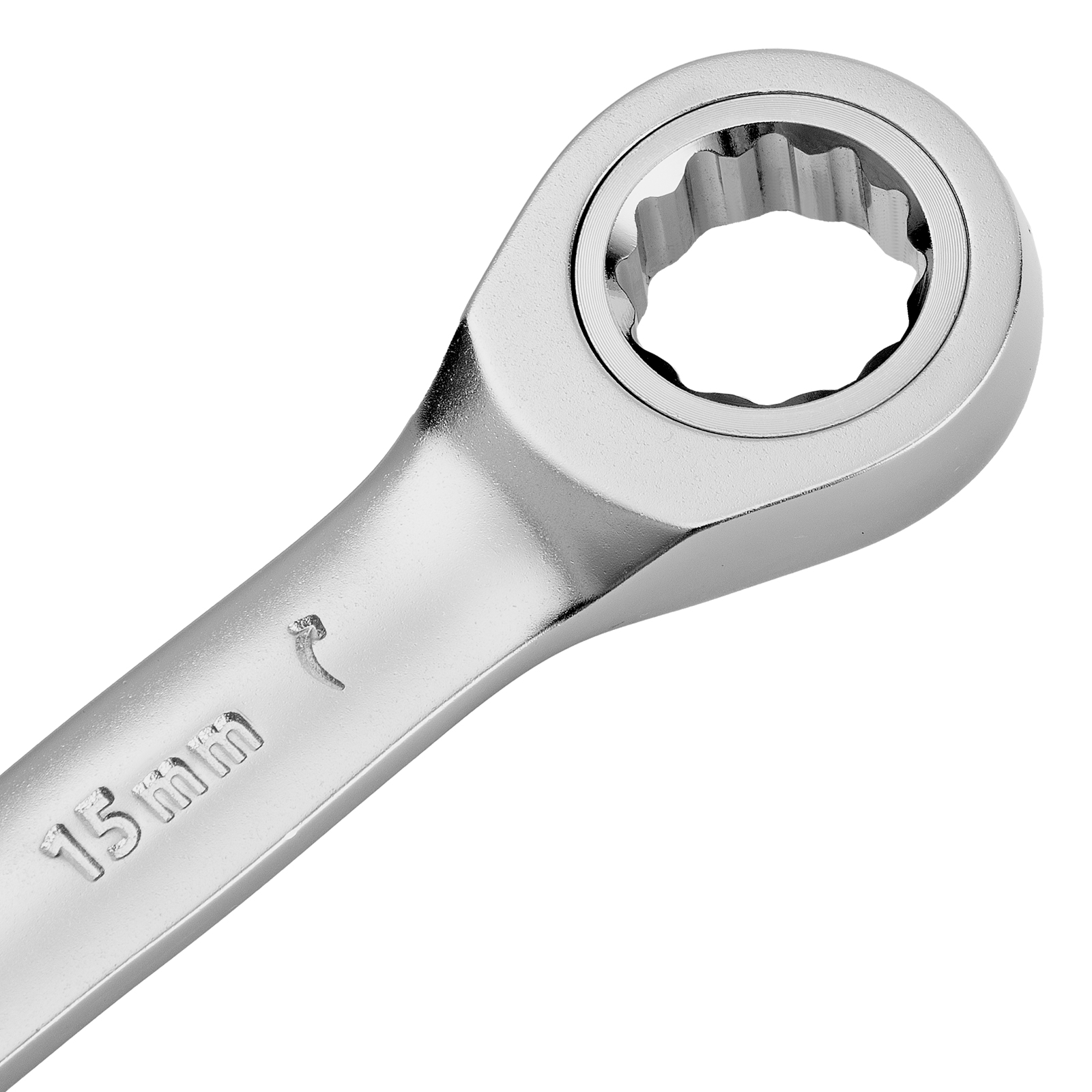 Ключ комбинированный трещоточный, 15 мм, CrV, матовый хром Denzel