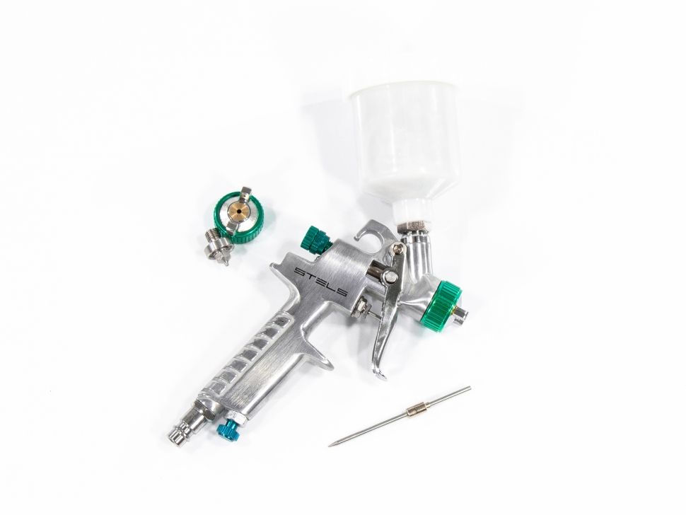 Краскораспылитель AG 810 HVLP, гравитационный, сопло 0.8 мм и 1 мм Stels