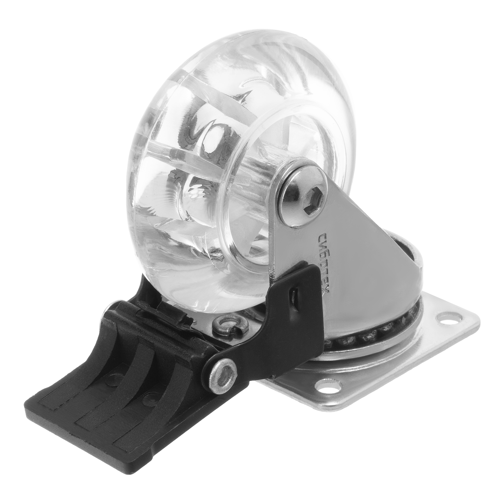 Колесо ПУ прозрачное поворотное с тормозом d-50 мм, крепление платформенное Сибртех