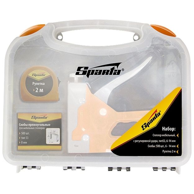 Набор: степлер мебельный регулируемый, скобы 500 шт, рулетка 2 м, тип скобы 53, 4-14 мм Sparta
