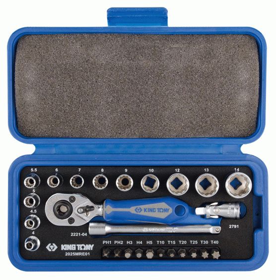 Набор торцевых головок с принадлежностями 1/4", двенадцатигранные, 4-14 мм, 26 предметов KING TONY 2025MRE01