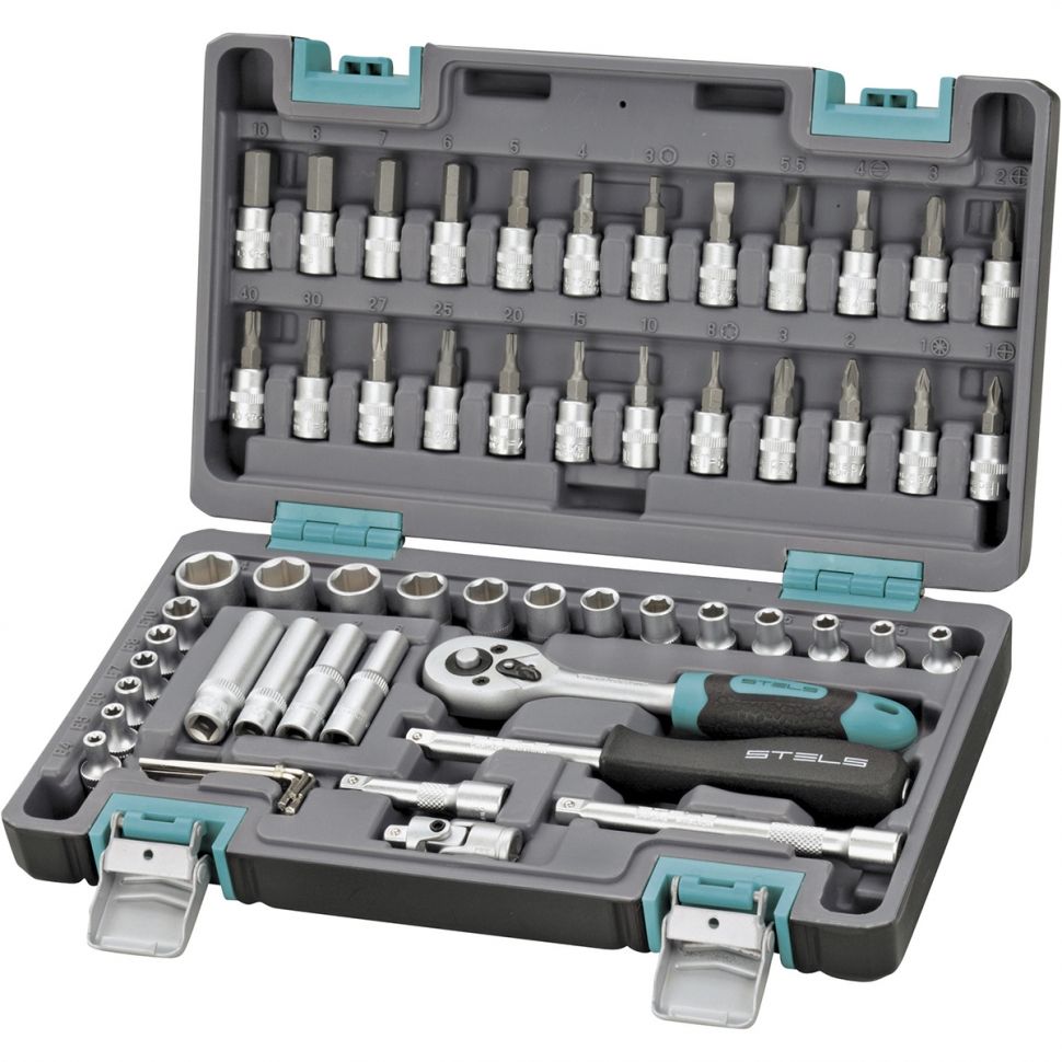Набор инструментов, 1/4", CrV, пластиковый кейс 57 предметов Stels