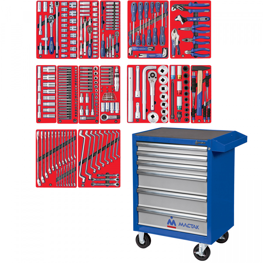 Набор инструментов "ПРОФИ" в синей тележке, 299 предметов МАСТАК 52-06299B