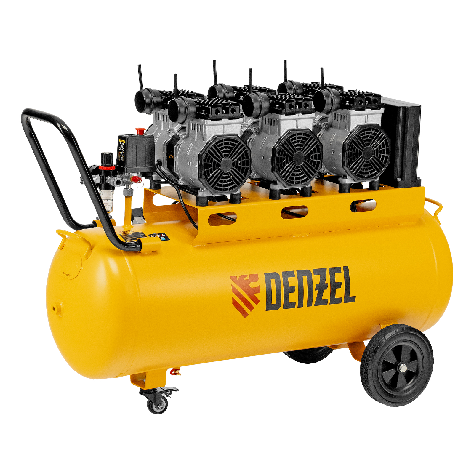 Компрессор безмасляный, малошумный DLS 3300/100, 3300 Вт,3x1100, 100 л, 570 л/мин ,блок управления Denzel