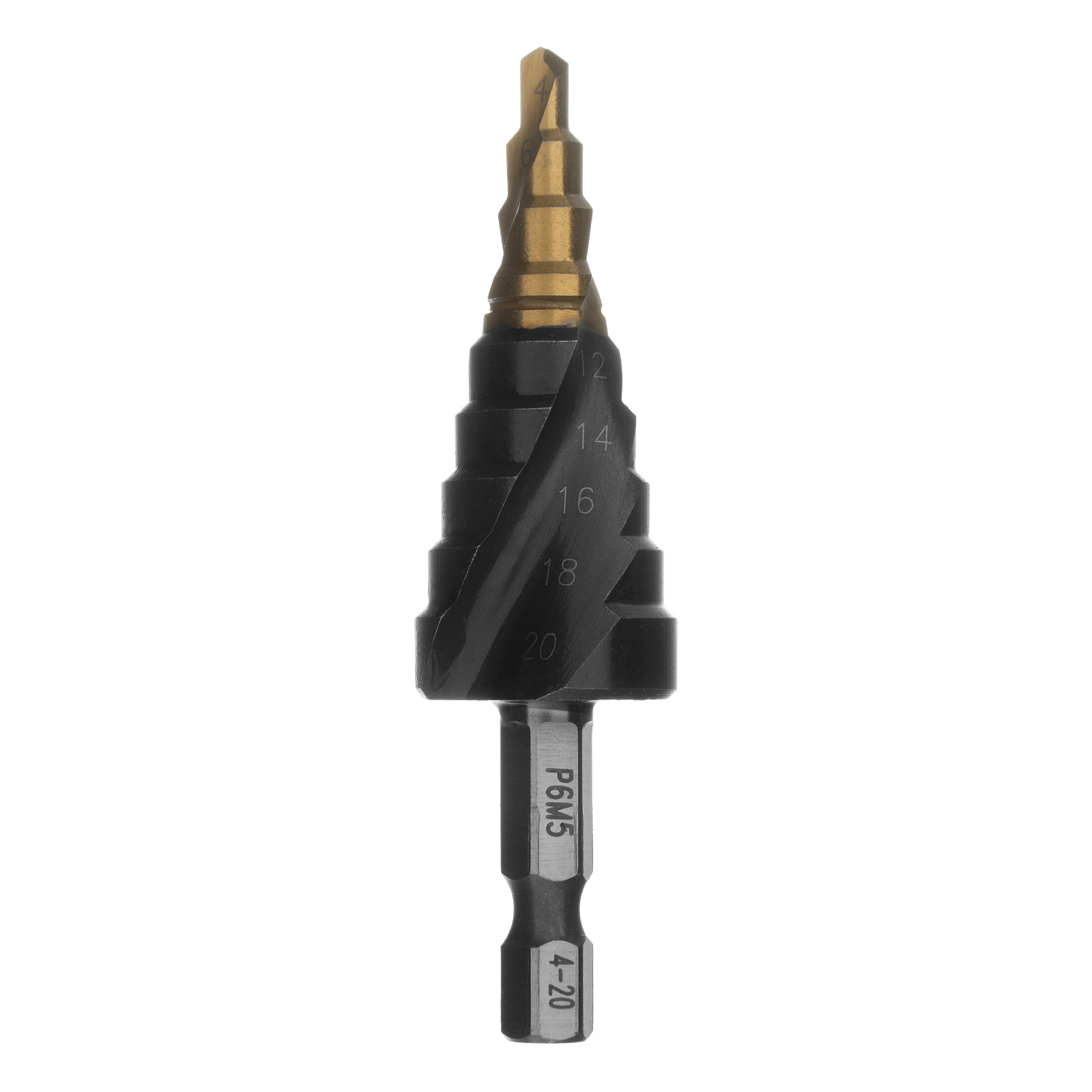 Сверло ступенчатое 4-6-8-10-12-14-16-18-20 мм, Р6М5, 6-гр. хвостовик Denzel