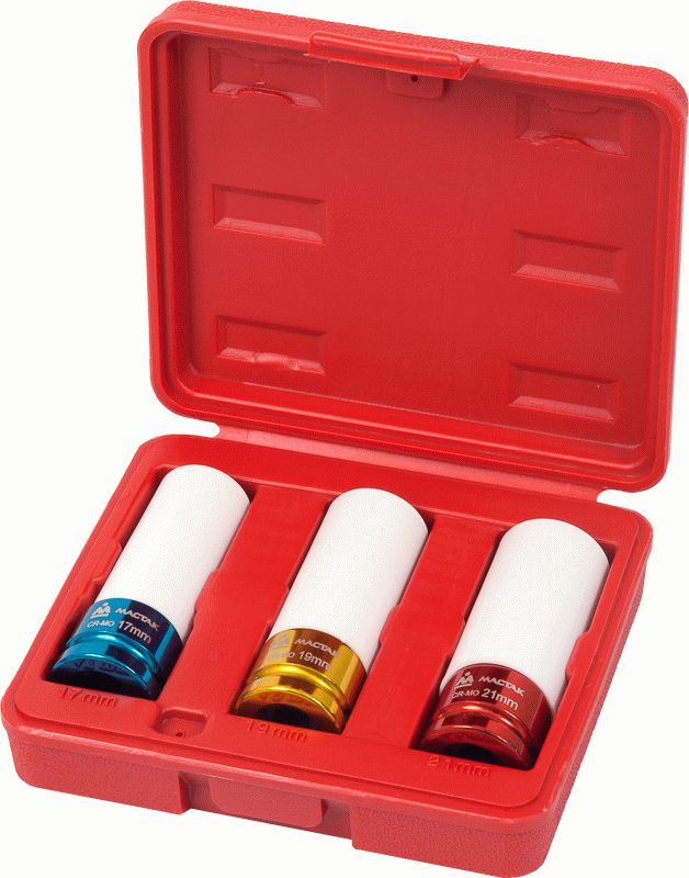 Набор ударных глубоких шестигранных головок 1/2", 17, 19, 21 мм, пластиковое покрытие, кейс,  МАСТАК 006-43C