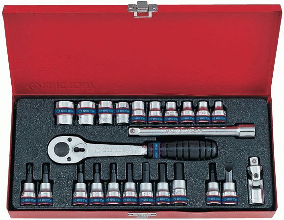 Набор торцевых головок с принадлежностями 3/8", шестигранные, 6-19 мм, 24 предмета KING TONY 3524MR