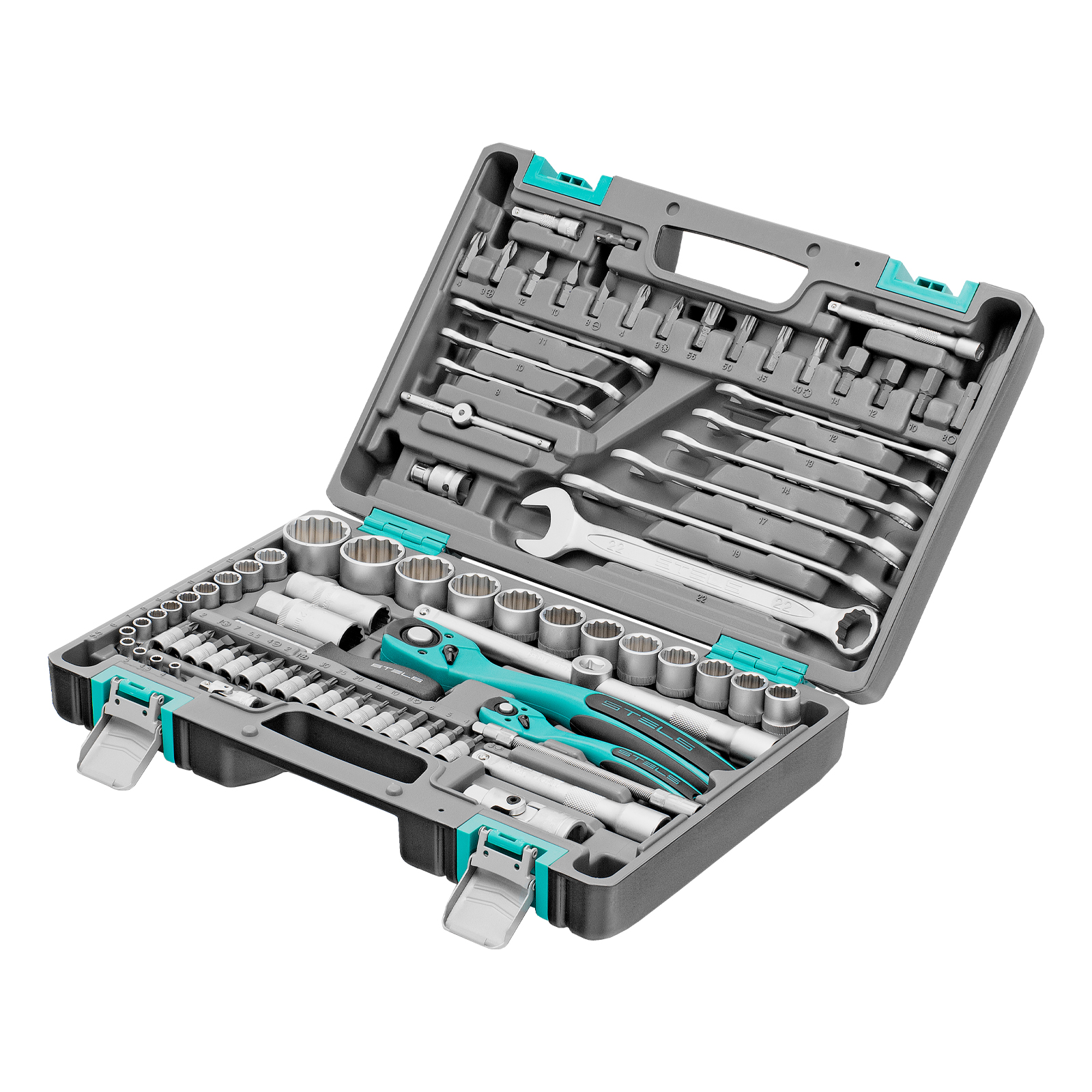 Набор инструментов 1/2", 1/4", CrV, 12 гранные головки, пластиковый кейс, 82 предмета Stels