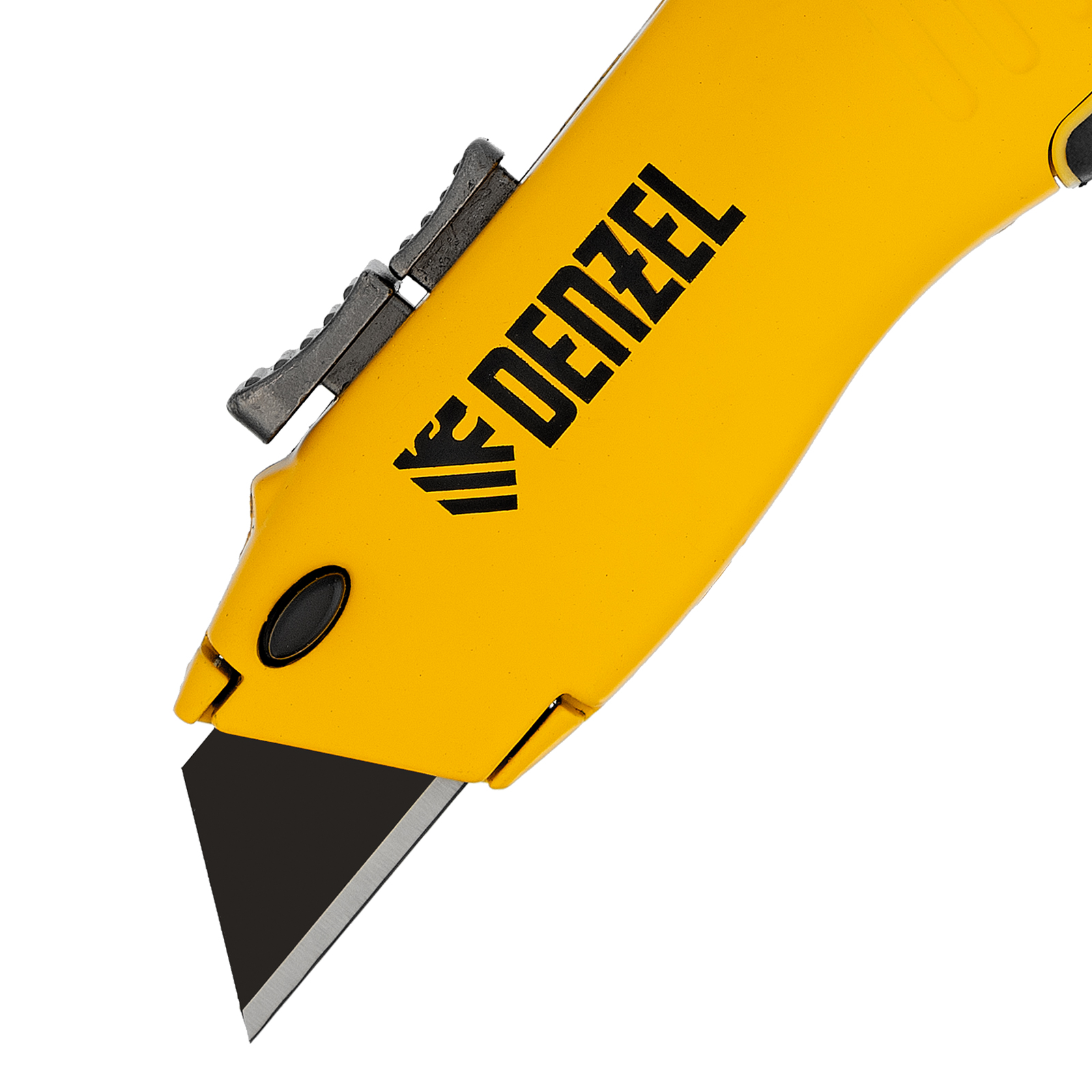 Нож, 19мм, сменное трапециевидное  лезвие, SK4, алюминиевый корпус, торцевой зажим Denzel