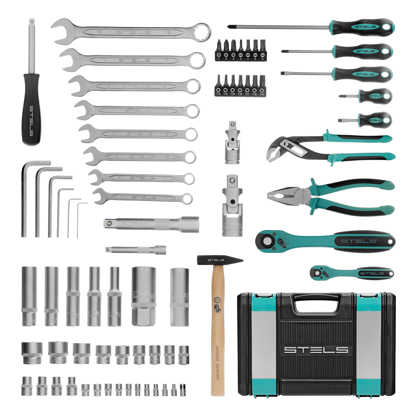 Набор инструментов, 1/2", 1/4", CrV, 12 гранные головки, пластиковый кейс, 76 предметов Stels