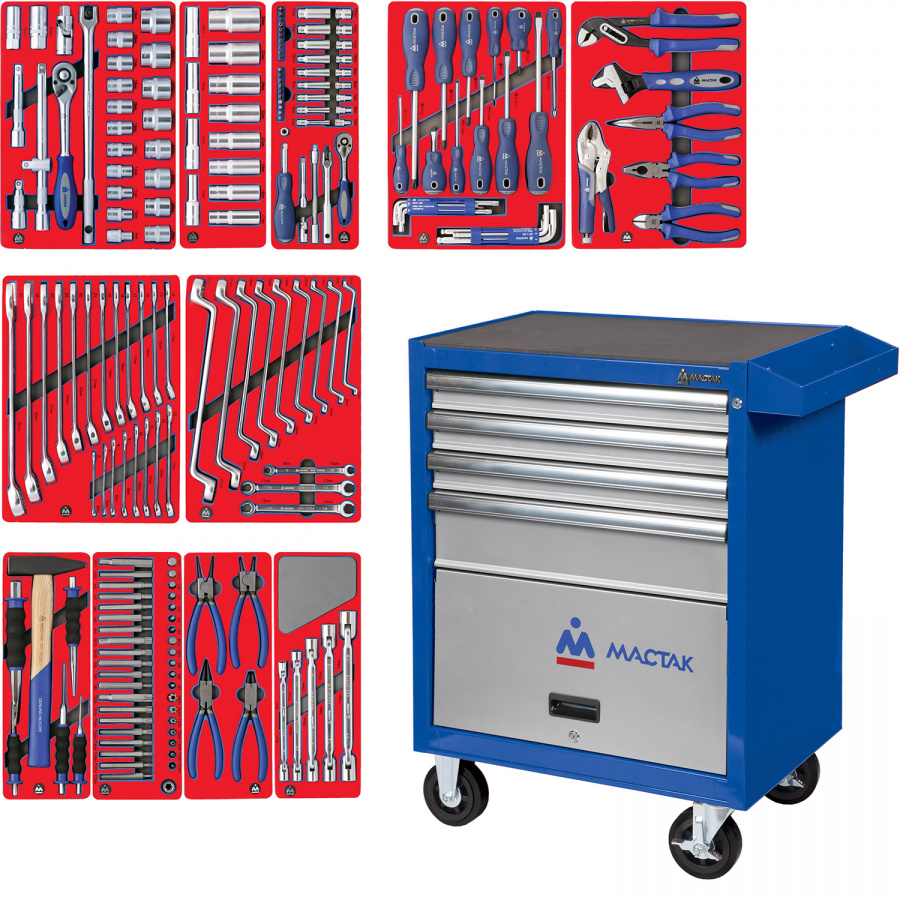Набор инструментов "МАСТЕР" в синей тележке, 205 предметов МАСТАК 52-04205B