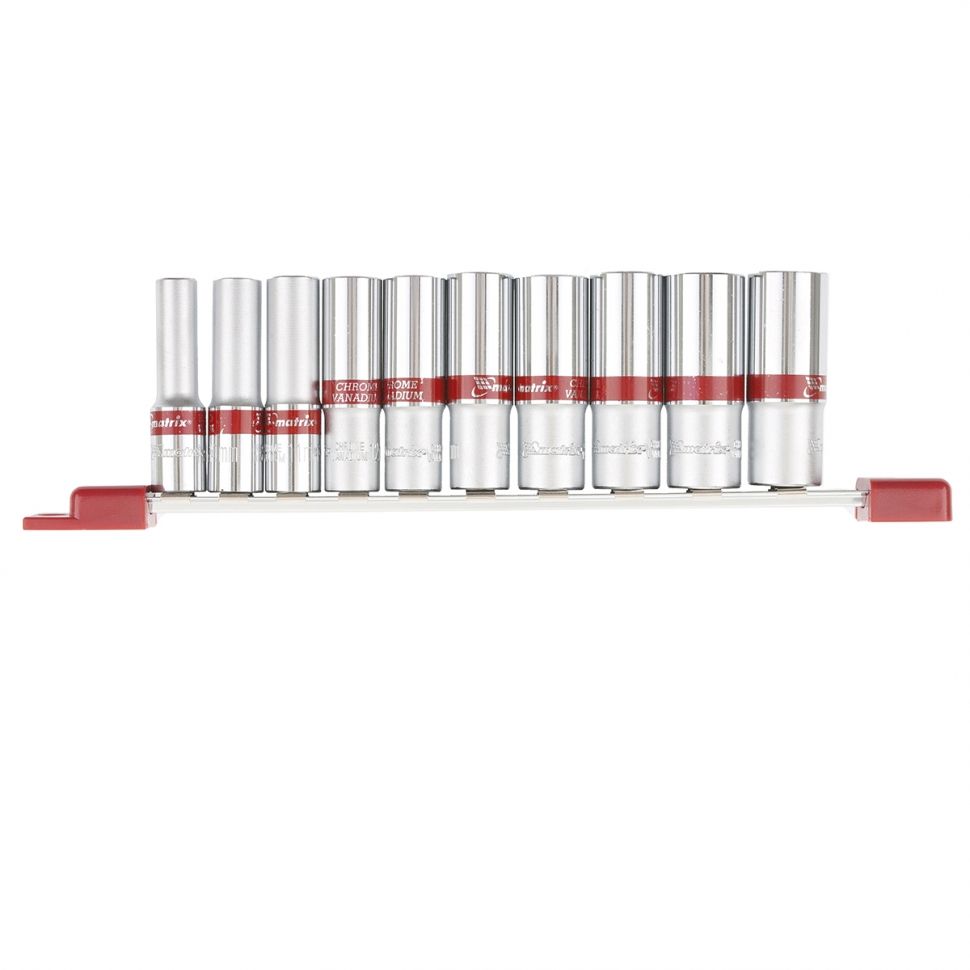 Набор удлиненных торцевых головок 3/8", 6 гранные, CrV, 8-19мм, 10 штук Matrix