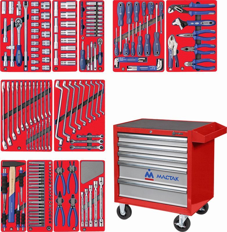 Набор инструментов ''МАСТЕР'' в красной тележке, 205 предметов МАСТАК 52-205R