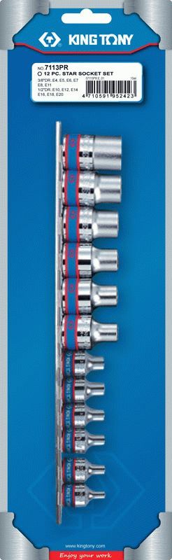 Набор торцевых головок 3/8", 1/2", TORX Е-стандарт, E4-E20, 12 предметов KING TONY 7113PR