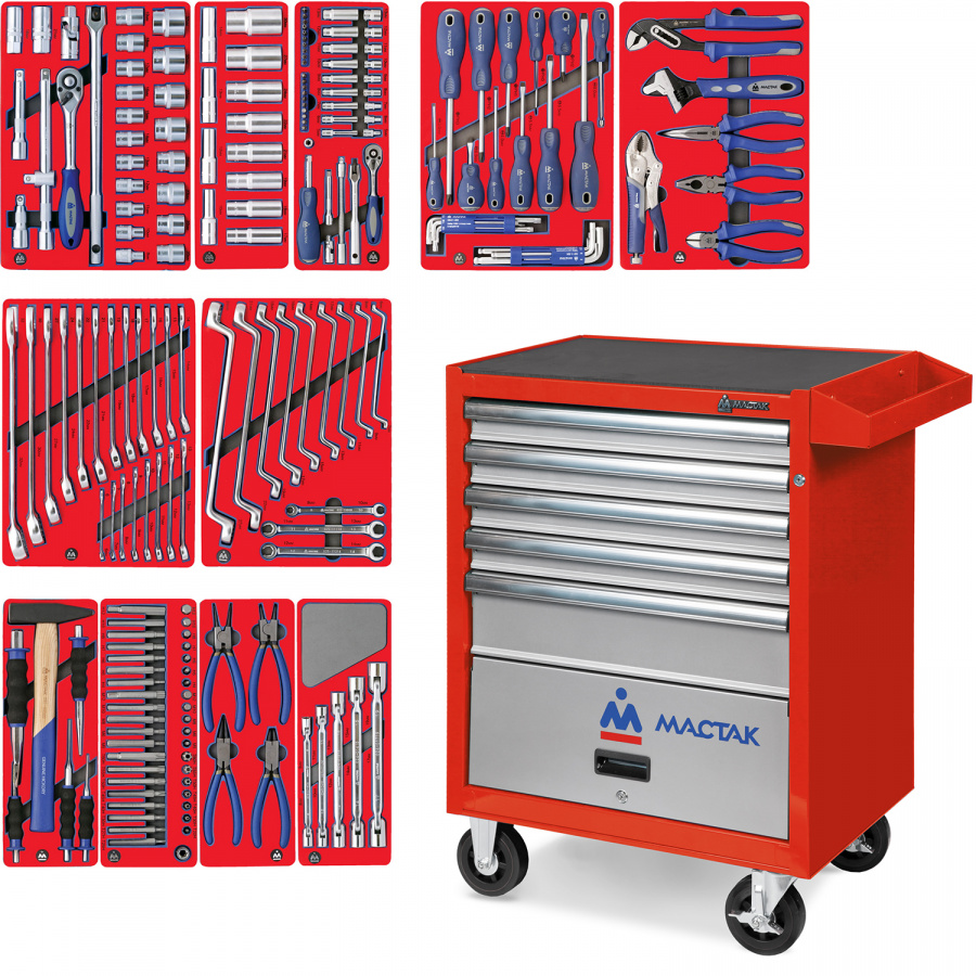 Набор инструментов "МАСТЕР" в красной тележке, 205 предметов МАСТАК 52-05205R