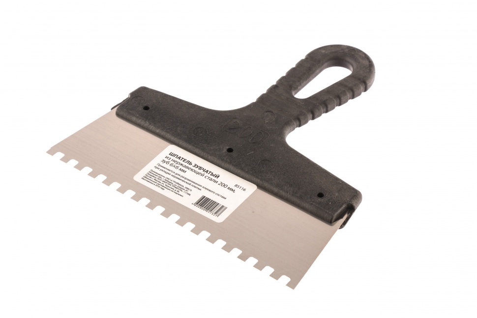 Шпатель из нержавеющей стали, 200 мм, зуб 6 х 6 мм, пластмассовая ручка Россия