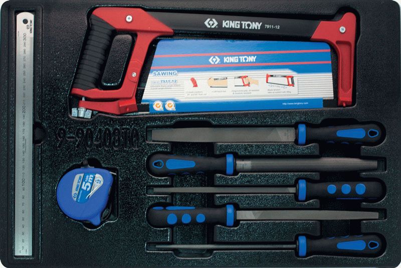 Набор напильников, рулетка, линейка и ножовка, ложемент, 8 предметов KING TONY 9-90408TQ
