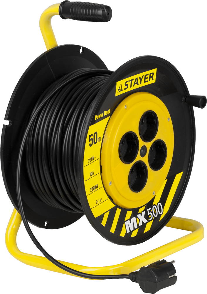 Удлинитель на катушке MX500, 50 м, 4 гнезда, ПВС 2x1 кв мм, 2200 Вт, STAYER