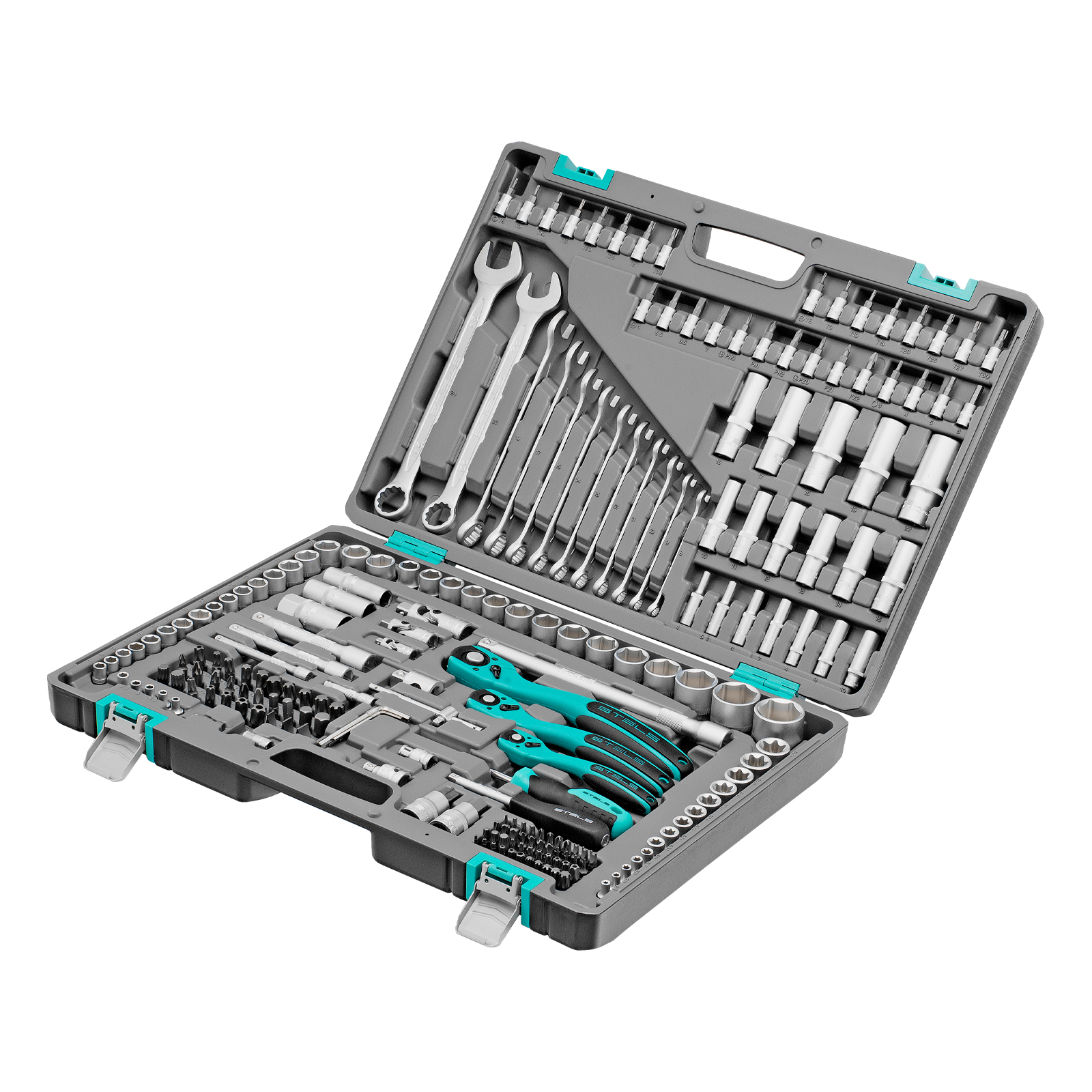 Набор инструментов, 1/4", 3/8", 1/2", Cr-V, S2, усиленный кейс, 216 предметов Stels