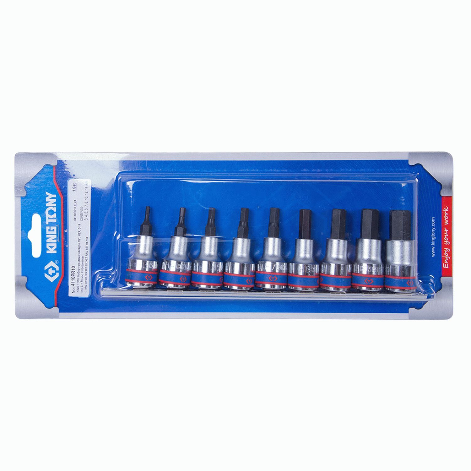Набор торцевых насадок 1/2", Hex, 3-14 мм, L = 60 мм, 9 предметов  KING TONY 4110PR10