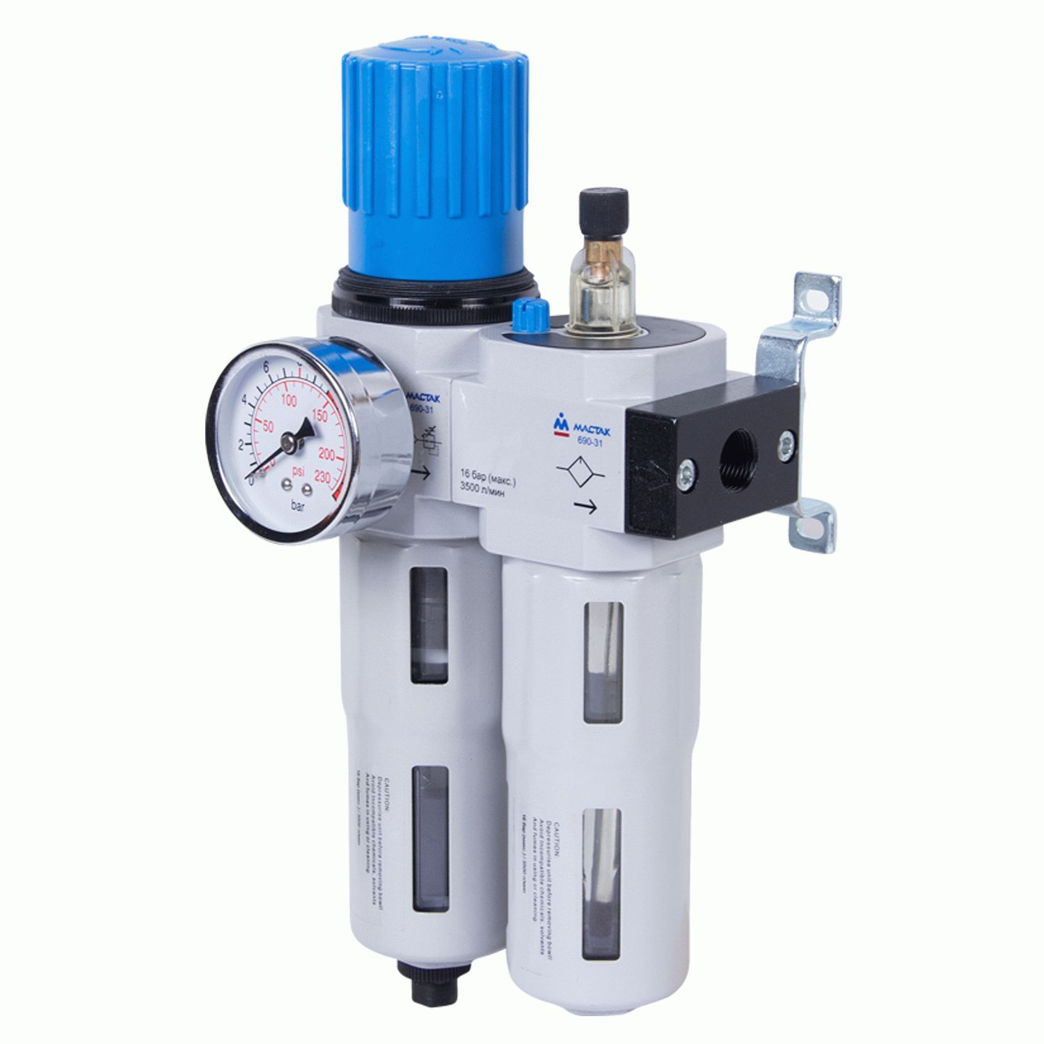 Фильтр влагоотделитель с редуктором и лубрикатор 3/8", с манометром МАСТАК 690-31