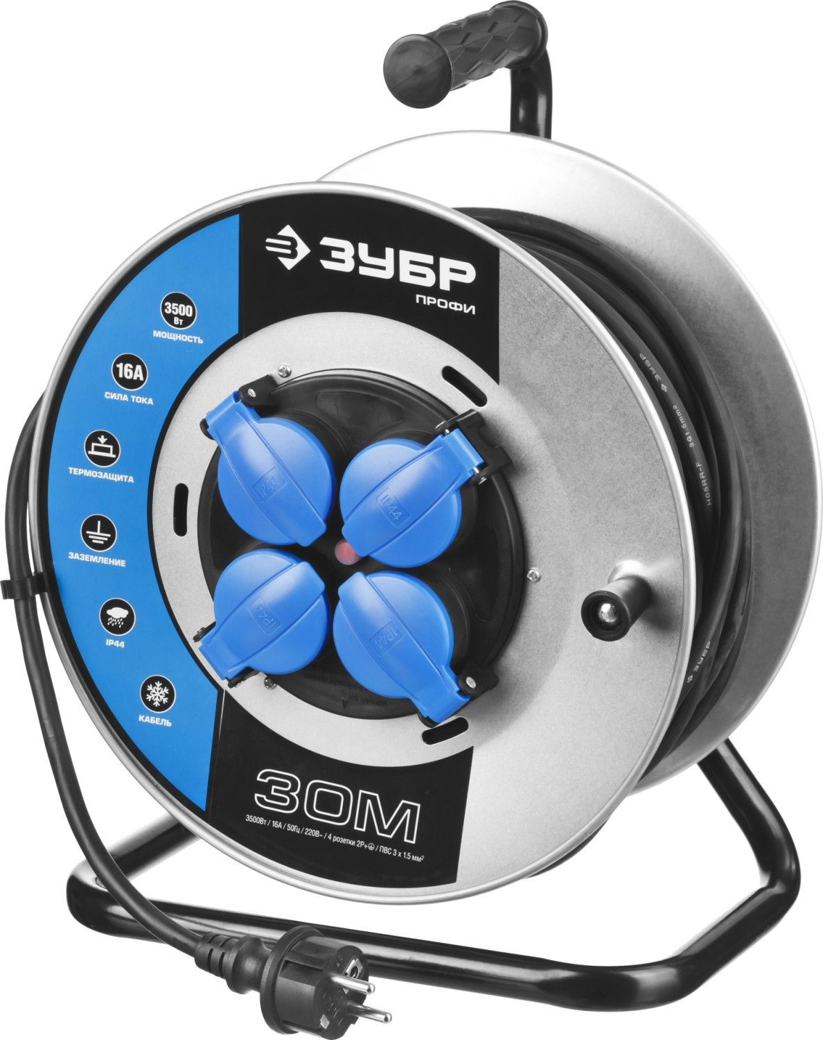 Удлинитель на катушке, 30 м, 3500 Вт, 4 гнезда, IP44, КГ 3x1,5 мм2, ЗУБР  Профессионал