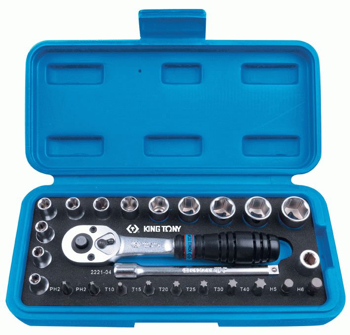 Набор торцевых головок с принадлежностями 1/4", шестигранные, 4-13 мм, 25 предметов KING TONY 2525MRE