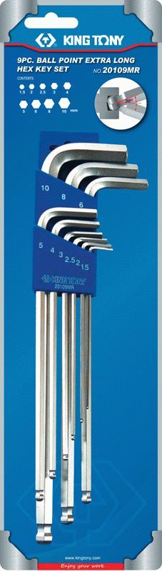 Набор Г-образных шестигранников 1,5-10 мм, длинные, с шаровым окончанием, 9 предметов KING TONY 20109MR