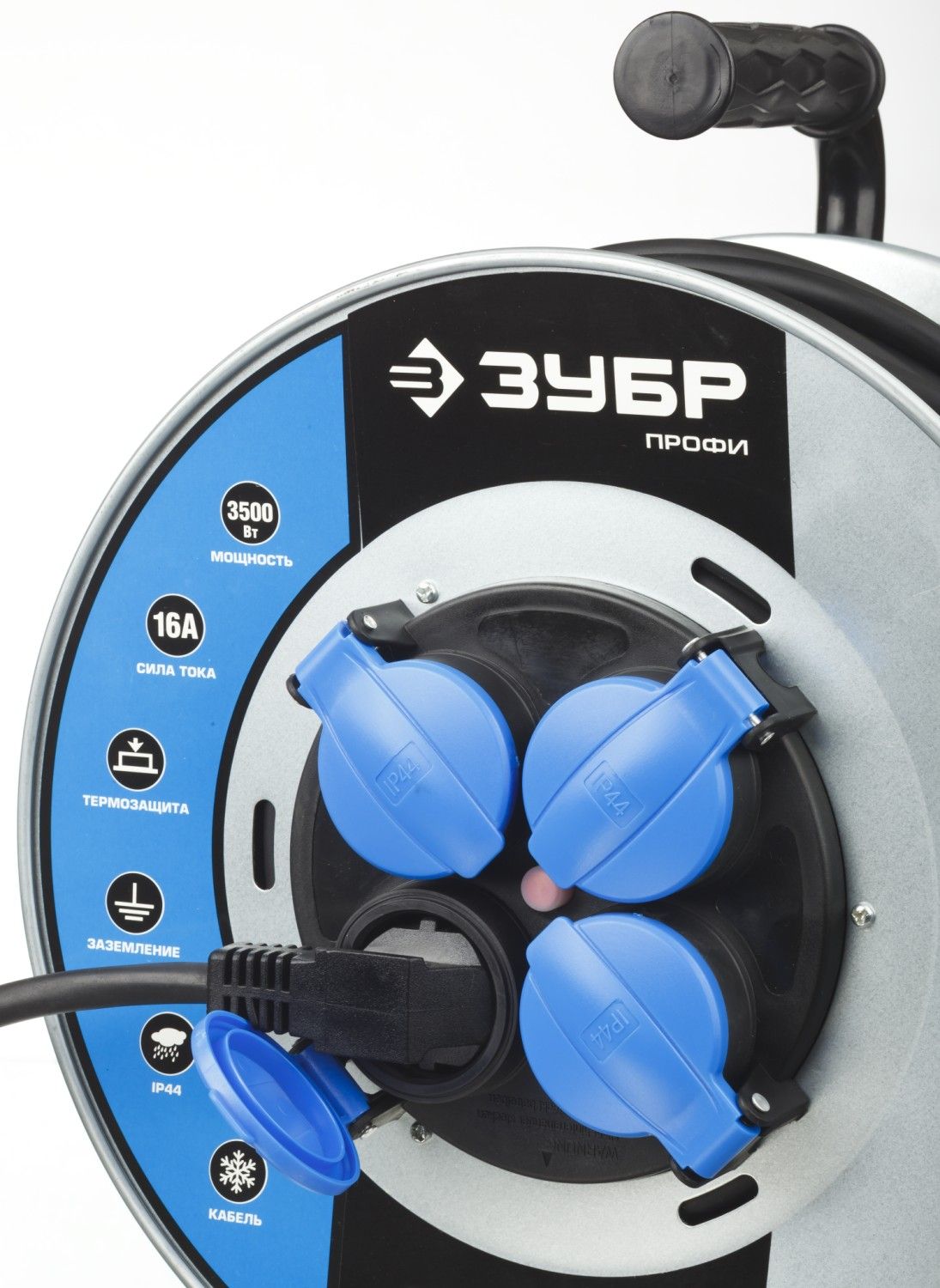 Удлинитель на катушке, 30 м, 3500 Вт, 4 гнезда, IP44, КГ 3x1,5 мм2, ЗУБР  Профессионал