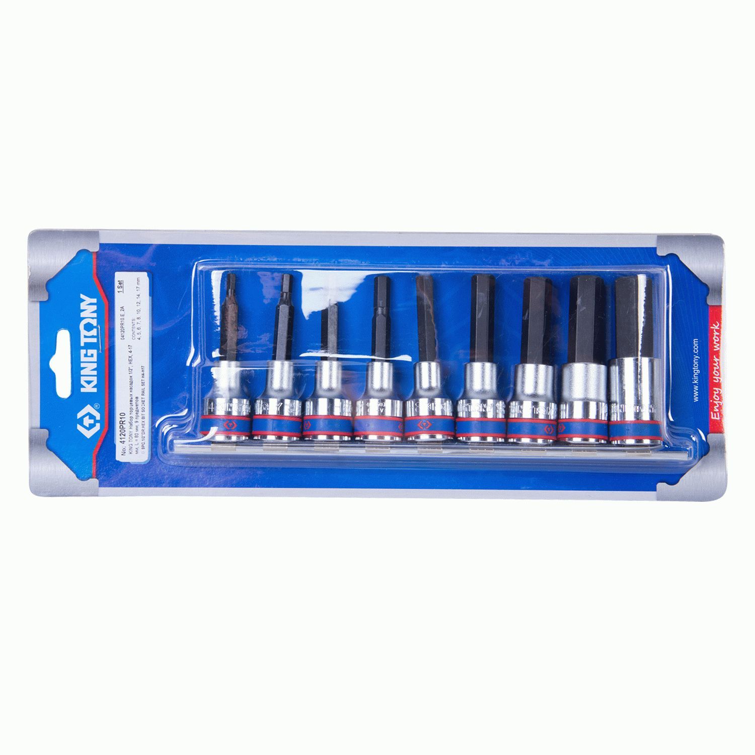 Набор торцевых насадок 1/2", Hex, 4-17 мм, L = 80 мм, 9 предметов  KING TONY 4120PR10