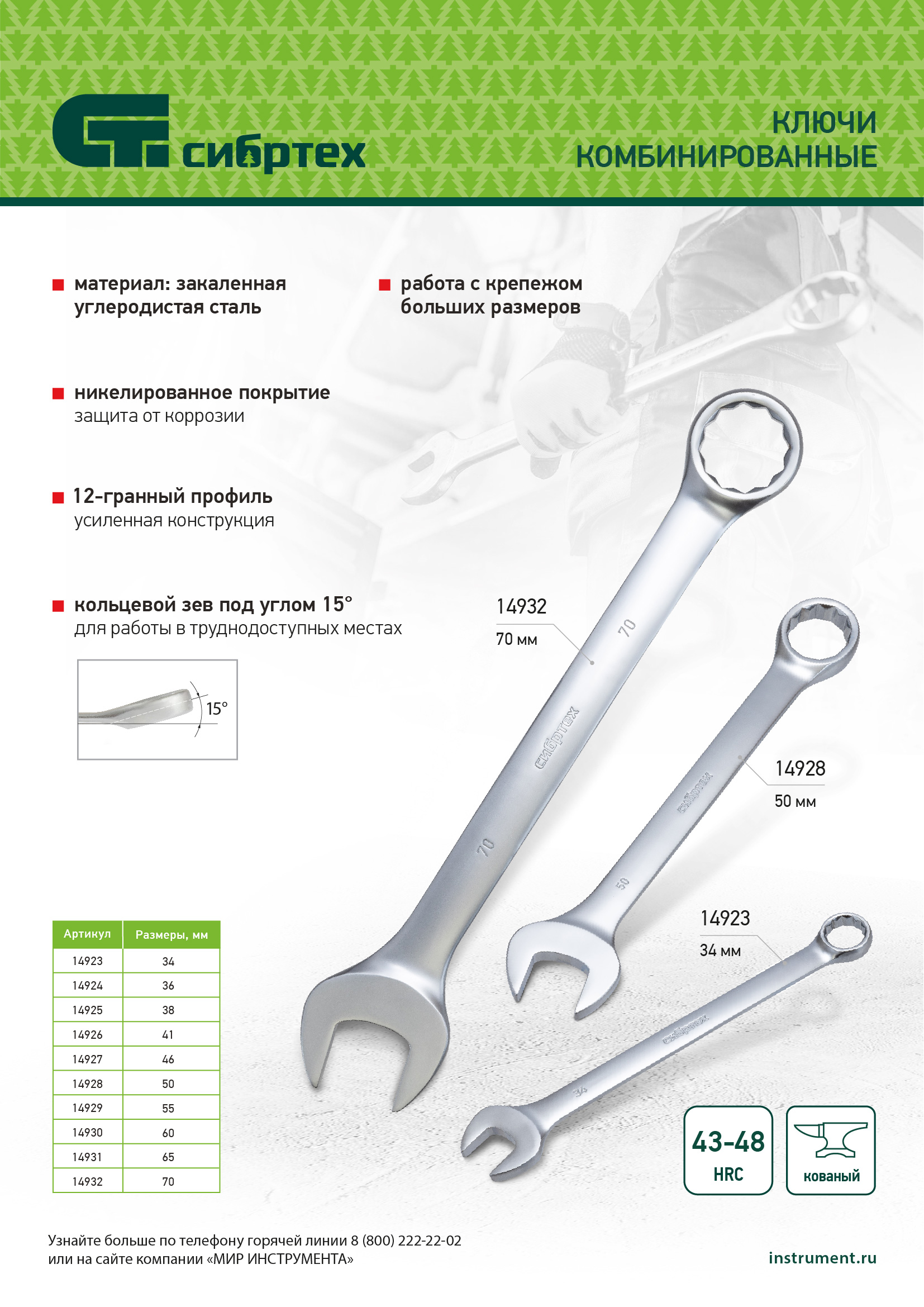 Ключ комбинированный 60мм, никелированный Сибртех