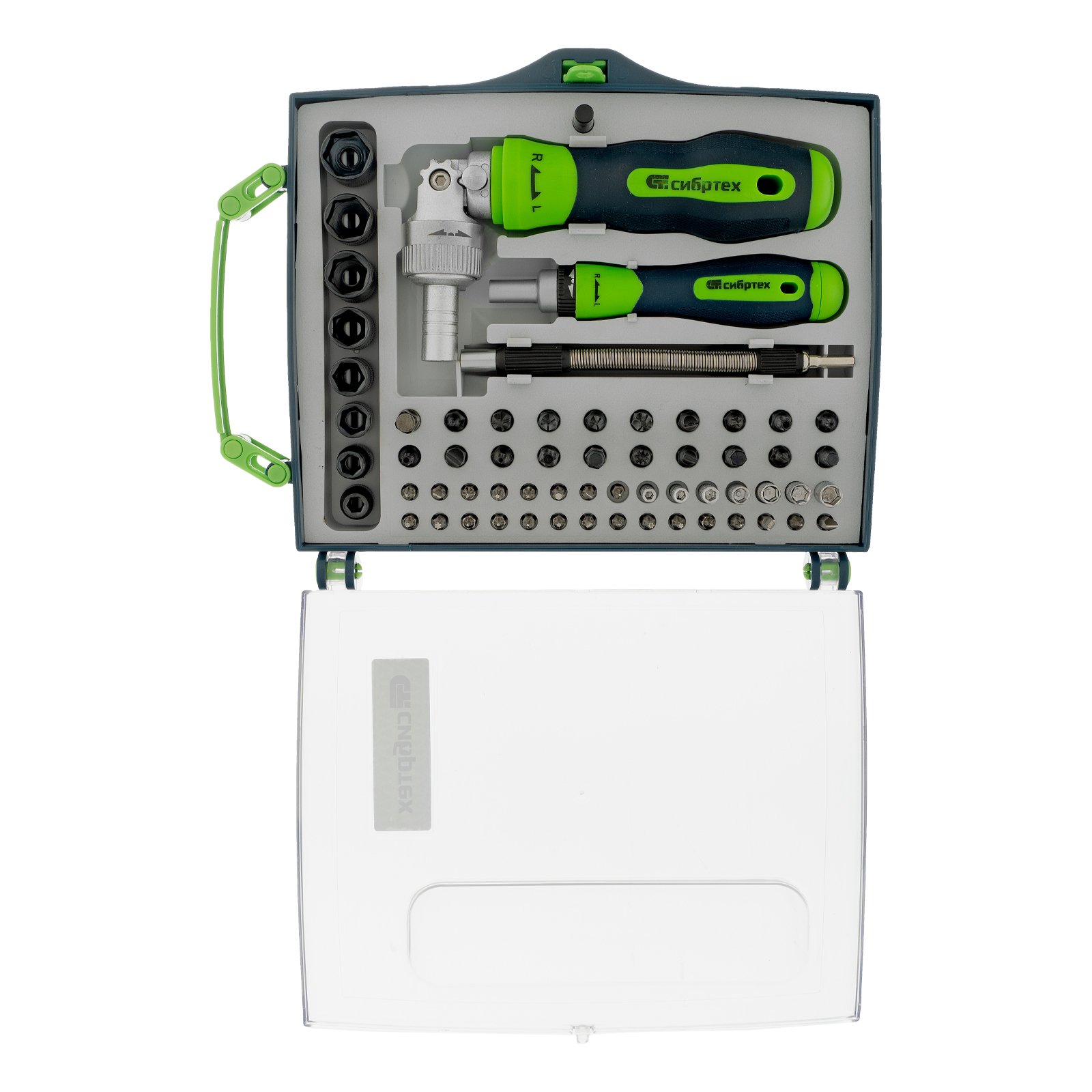 Отвертки реверсивные с набором бит, торцевых головок, 61 предмет, CrV Сибртех