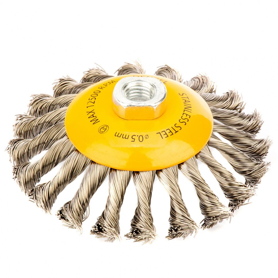 Щетка для УШМ, 125 мм, "Тарелка", крученая нержавеющая проволока 0.5 мм, М14 Denzel