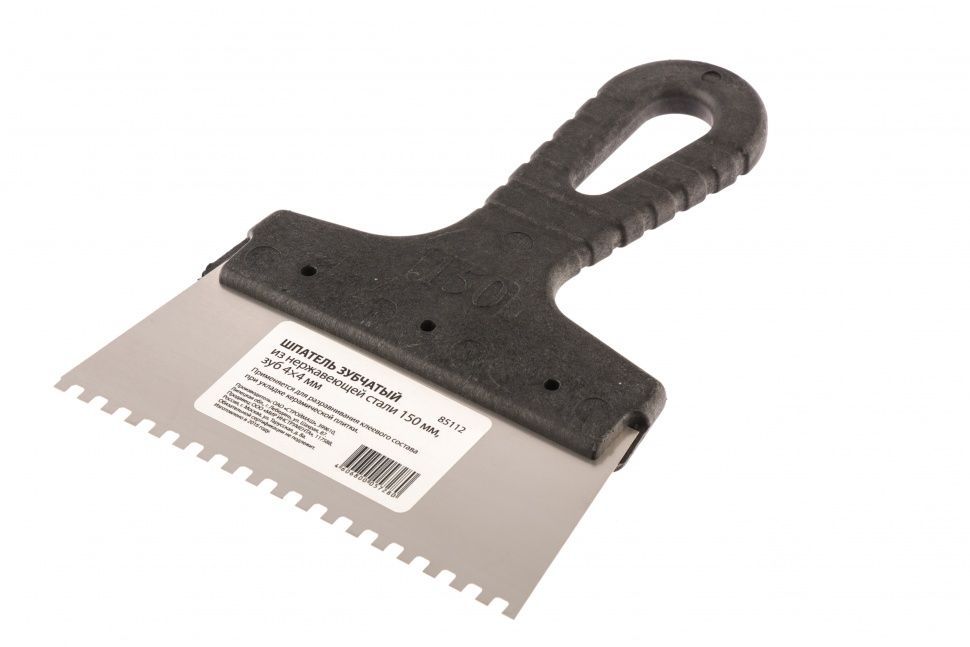 Шпатель из нержавеющей стали, 150 мм, зуб 4 х 4 мм, пластмассовая ручка Россия