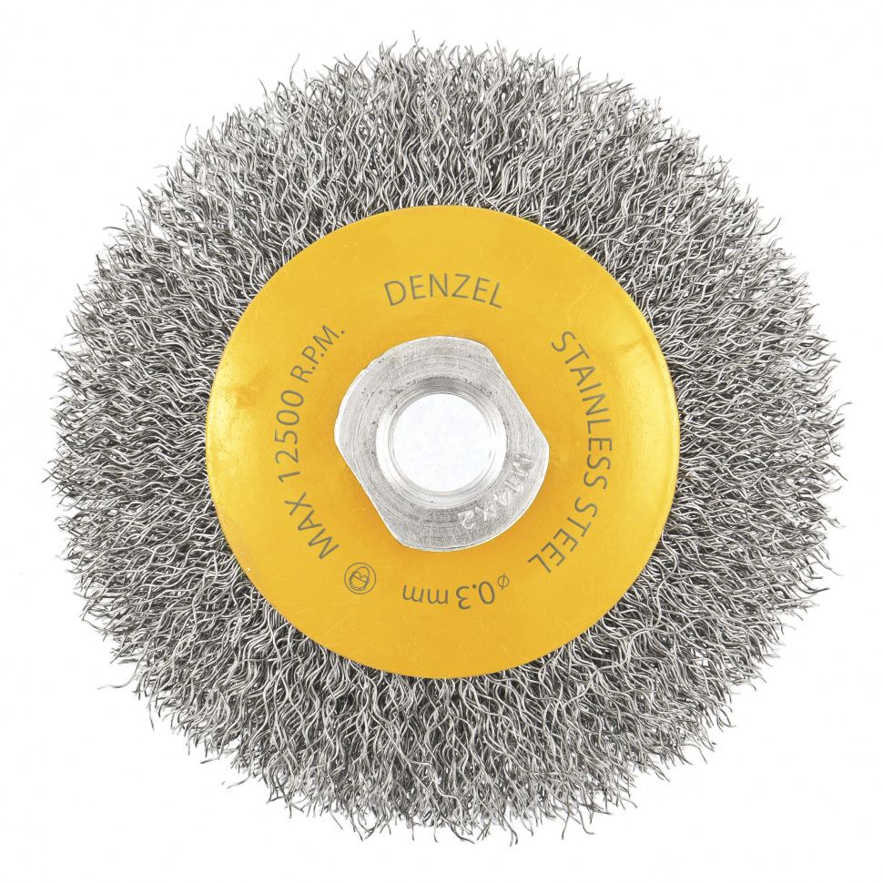Щетка для УШМ, 100 мм, "Тарелка", витая нержавеющая проволока 0.3 мм, М14 Denzel