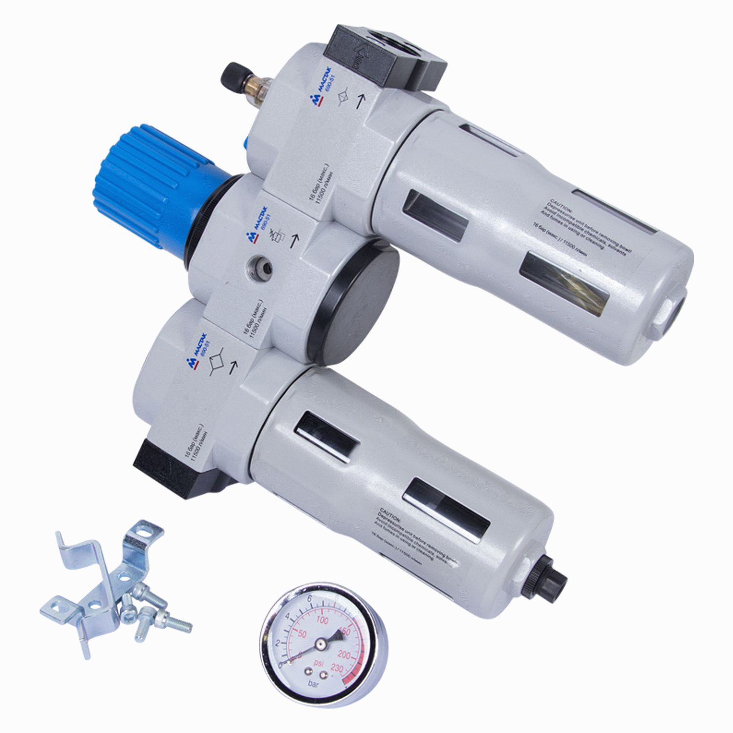 Фильтр влагоотделитель с редуктором и лубрикатор 3/4", с манометром МАСТАК 690-51