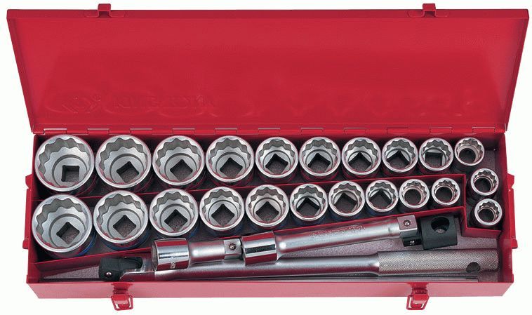 Набор торцевых головок с принадлежностями 3/4", двенадцатигранные, 22-50 мм, 7/8"-2", 26 предметов KING TONY 6226CR