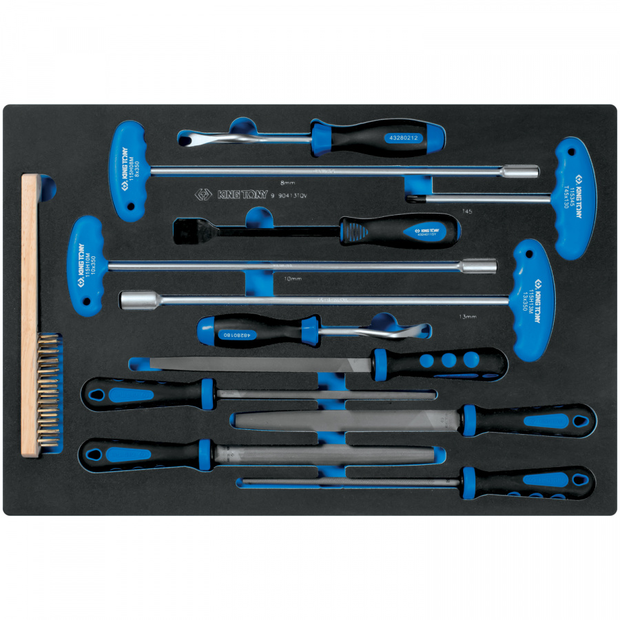Набор напильников, ключей торцевых Т-типа, съемники клипс и металлическая щетка, ложемент, 13 предметов KING TONY 9-90413TQV