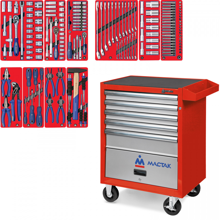 Набор инструментов "СТАНДАРТ" в красной тележке, 186 предметов МАСТАК 52-05186R