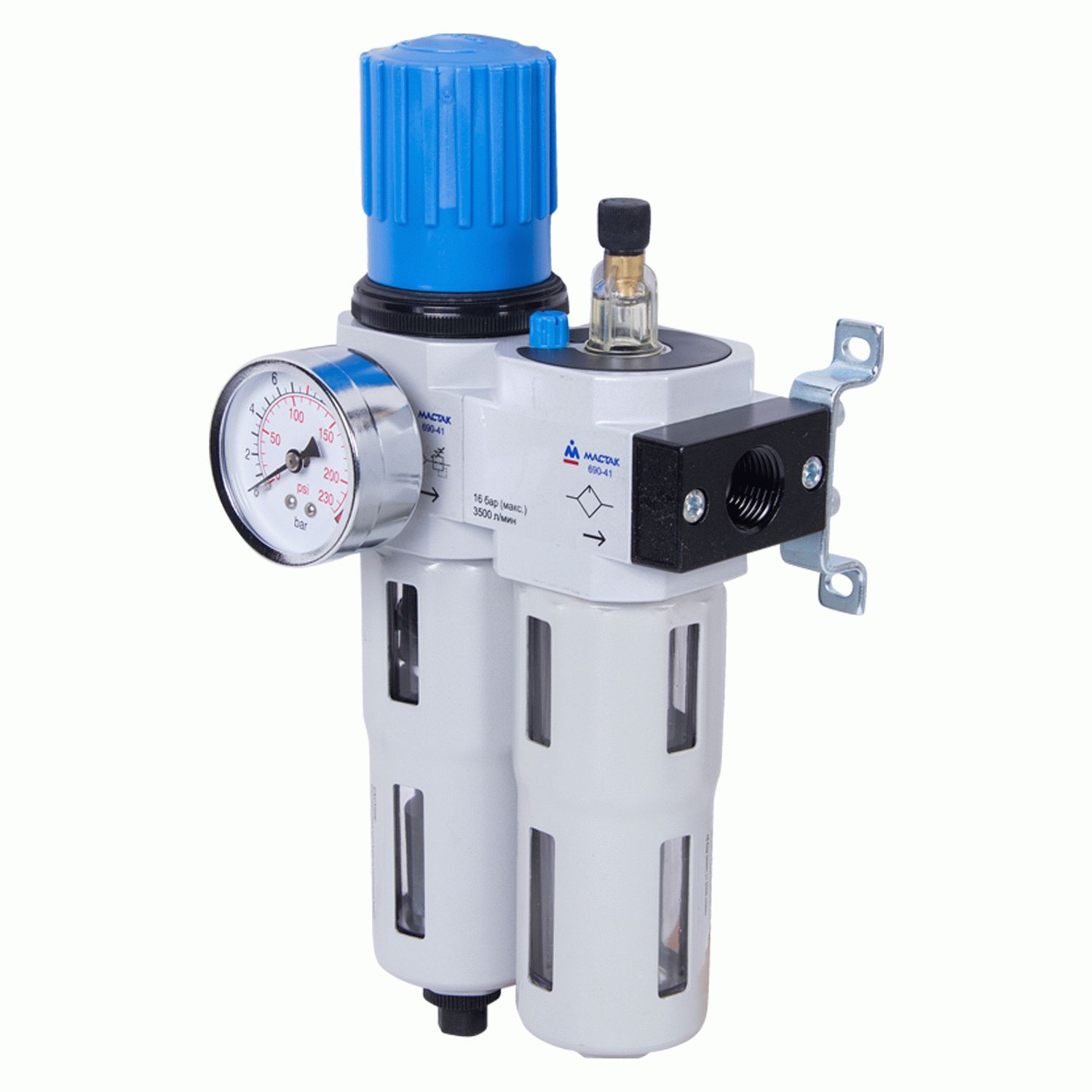 Фильтр влагоотделитель с редуктором и лубрикатор 1/2", с манометром МАСТАК 690-41