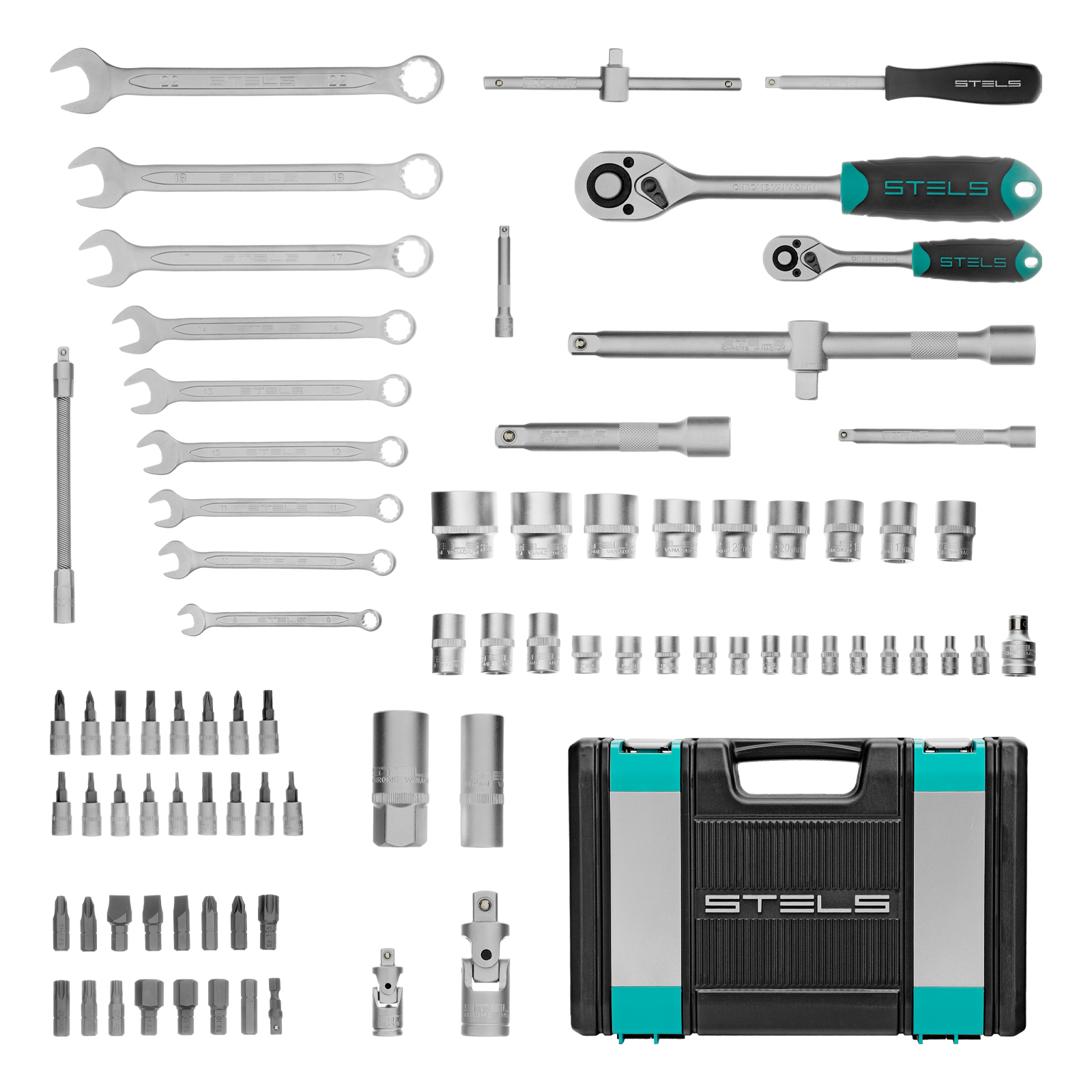 Набор инструментов, 1/2", 1/4", CrV, пластиковый кейс 82 предмета Stels