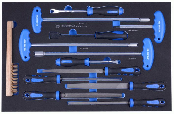 Набор напильников, ключей торцевых Т-типа, съемники клипс и металлическая щетка, ложемент, 13 предметов KING TONY 9-90413TQV